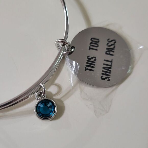This Too Shall Pass Silver Bangle Bracelet with Accent Blue Zircon Charm - Picture 6 of 9